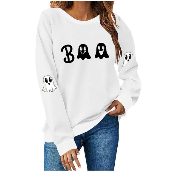 Funny Shirts for Women Halloween Ghost Crew Neck Sweatshirts Loose Fleece Lined Cute Graphic Pullover Tops White, S
