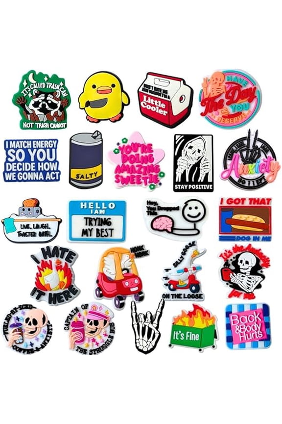 Funny Shoe Charms 24 PC Set Cool Fun Accessories for Men Women Girls Boys Teens Meme Sarcastic Charm Pin Humor Skeleton Dog Dinosaur Silly Goose Clog Decor for Shoes Witty Goofy Hilarious Gift
