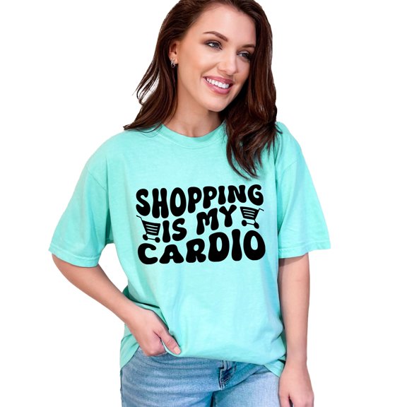 Funny Shopping Is My Cardio, Work Out Humor Quote, Groovy Retro Wavy Text, Chalky Mint Comfort Colors T-Shirt, XL