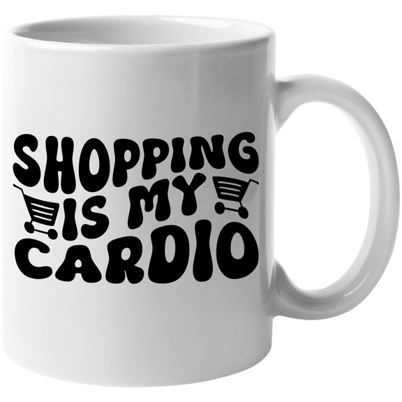 Funny Shopping Is My Cardio, Work Out Humor Quote, Groovy Retro Wavy Text Merch Gift, White 11oz Ceramic Mug