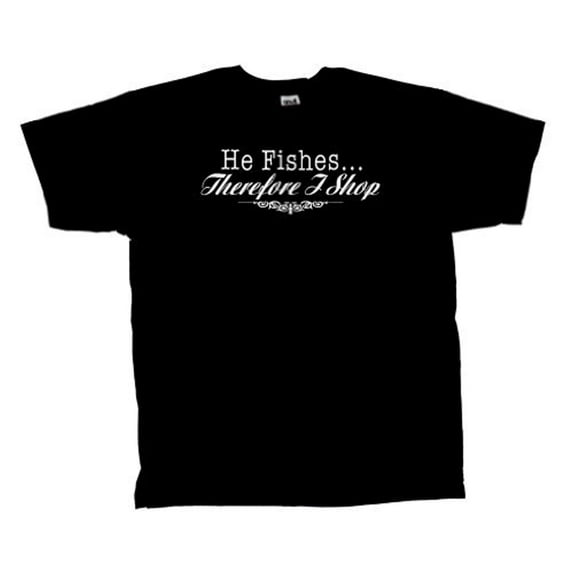 Funny Short Sleeve T-shirt He Fishes I Shop-Black-Large