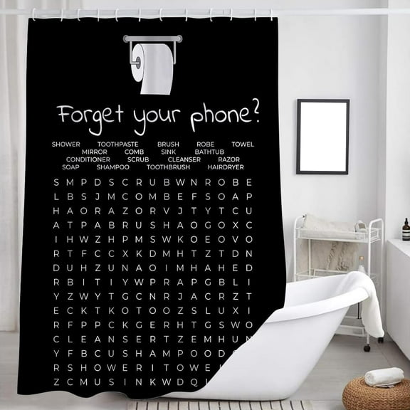 Funny Shower Curtain, Black and White Bathroom Humor Word Search Shower Fabric Accessory with Hooks, 66x72 inch