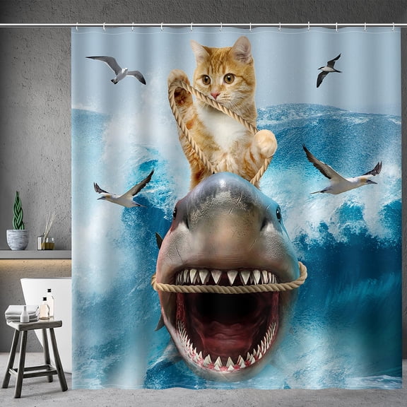 Funny Shower Curtain Brave Cat Holding Trident Arrow Riding Shark In Ocean Wave, Whale Cat Shower Curtain Set With 12 Hooks For Bathroom Decor Accessories Bathtub Curtain, 72"x72"
