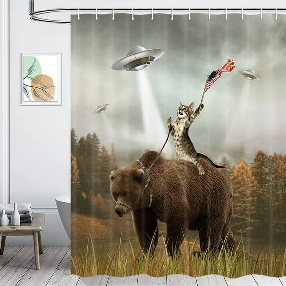 Funny Shower Curtain, Cat Riding Bear in Forest Cabin Hungting UFO Bathroom Shower Curtain Set, Shower Curtains Liner with Hooks, 48x70inches