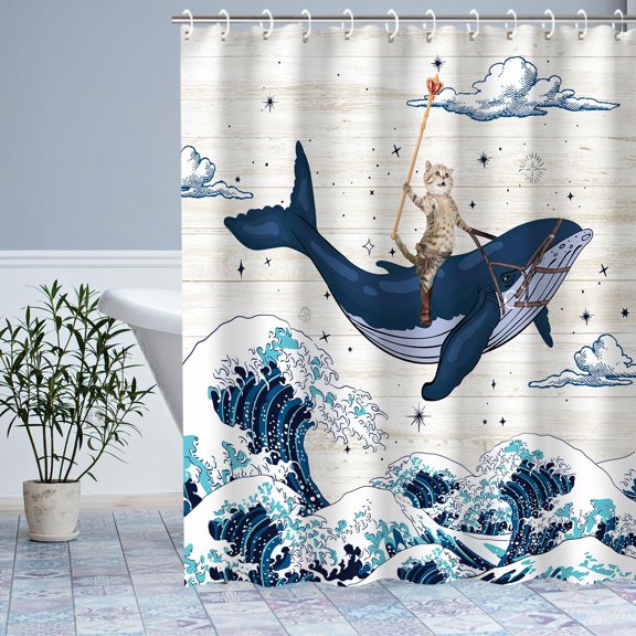 Funny Shower Curtain, Cat Shower Curtains Set with 12 Hooks, Sea Shower Curtain, Cat Riding Whale Bathroom Decor, 72"x72"