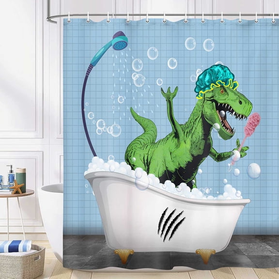 Funny Shower Curtain, Funny Dino Bathing in The Bathtub Waterproof Fabric Bathroom Curtains, Kids Boys Girls Theme Bathroom Shower Curtain with 12PCS Hooks, 70X70IN