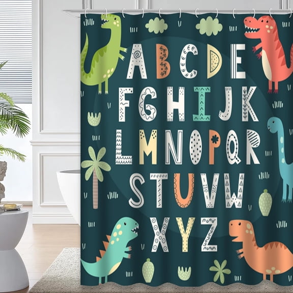 Funny Shower Curtains, Alphabet with Cute Dinosaurs Children Dinosaur Font Boy Baby Curtain for Bathroom 12 Hooks, 72 X 72 Inch