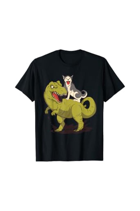Funny Siberian Husky Dog Riding Dinosaur T-Shirt