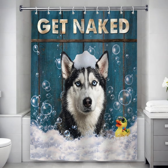 Funny Siberian Husky Shower Curtain, Get Naked Quote with Bubble Bath Scene, Rustic Teal Wood Background, Waterproof Fabric, 12 Hooks Included, Cute Pet Gift for Bathroom - 60"x72"