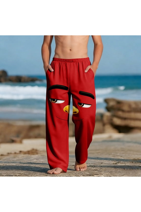 Funny Side Eye Emoji Pjs Pants for Boys, Red Kids Beach Pants - Soft Graphic Sweatpants with Elastic Waistband and Pockets,Size 8 T