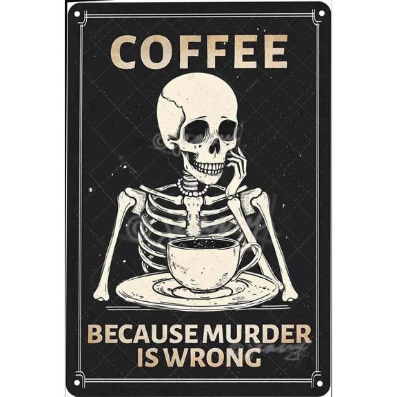 Funny Sign Coffee Because Murder Is Wrong Skull Metal Tin Sign Retro Wall Decor for Kitchen Cafe Pubs Bar Garage 1612 Inch
