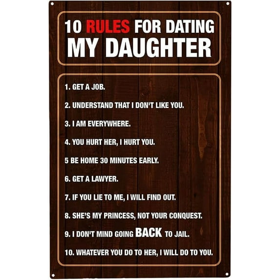 Funny Signs for Home Decor | Metal Signs for Garage Man Cave | 10 Rules for Dating My Daughter