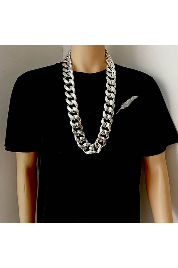 Funny Silver Necklace for Men Women Silver Chain 80s 90s Rapper Punk Hop Shooting Prop Jewelry Accessory, 90 cm, Silver XL