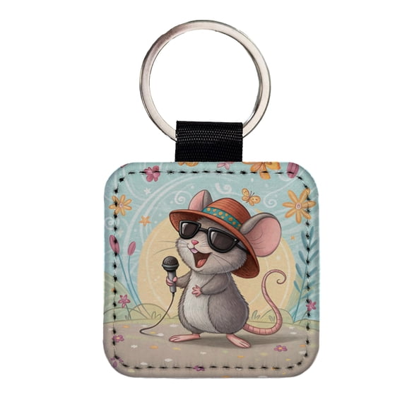 Funny Singing Cool Mouse Faux Leather Square Keychain