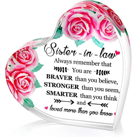 Funny Sister in Law Gift Christmas Acrylic Heart Keepsake for Sister Heart Shape Decorative Signs Plaques Office Desk Paperweight Decor Birthday Wedding Gift for Sister in Law(Floral)