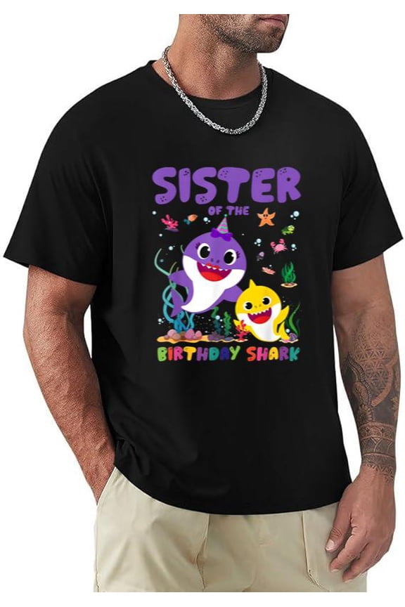 Funny Sister Of The Birthday Shark Family Matching Party Themed T-shirt, for men & women, up to size 5XL.