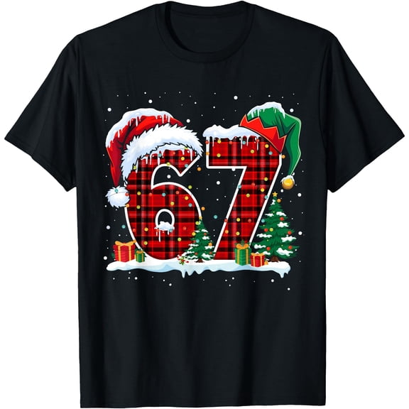 Funny Six Seven 6 7 Meme 67 Christmas Red Plaid Xmas Pajamas T-Shirt Tee