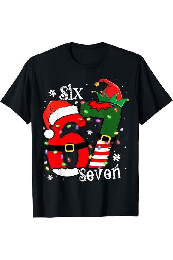 Funny Six Seven 67 Meme 6 7 Elf Santa Christmas Pajamas Kids T-Shirt