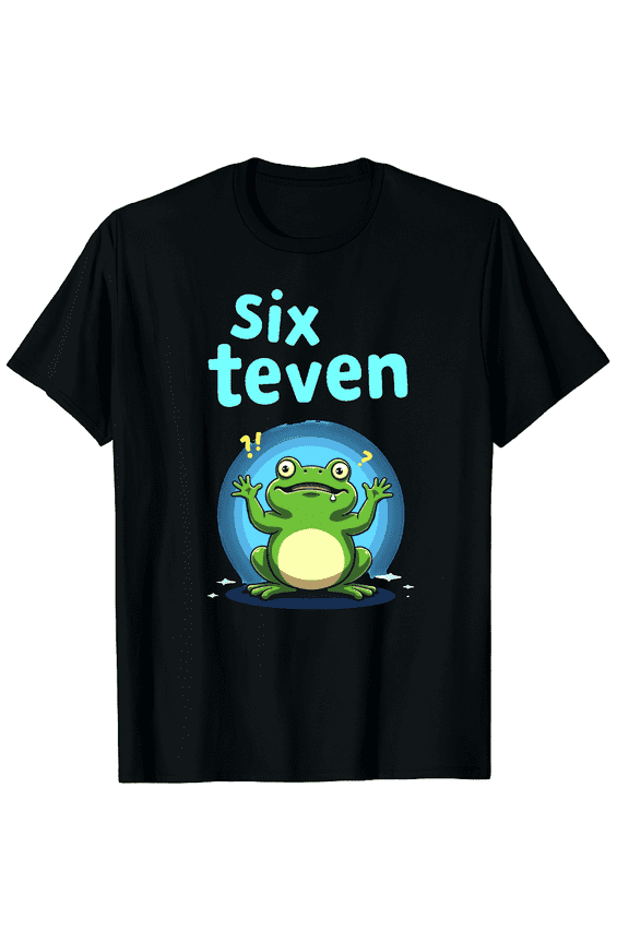 Funny Six Teven Frog Pun Graphic Tee - Retro Confused Toad Humor T-Shirt for Men and Women - Cute Animal Cartoon Apparel