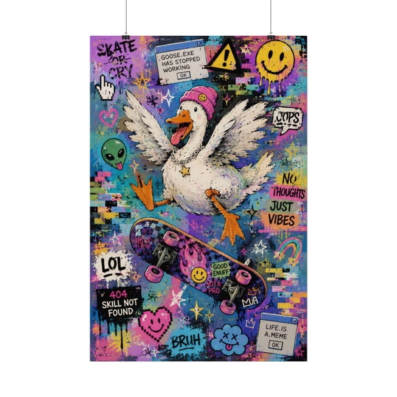 Funny Skateboarding Goose Poster Print, Urban Graffiti Art Duck, Y2K Internet Meme Aesthetic Poster, Edgy Teen Room Dorm Poster , Poster Print Only