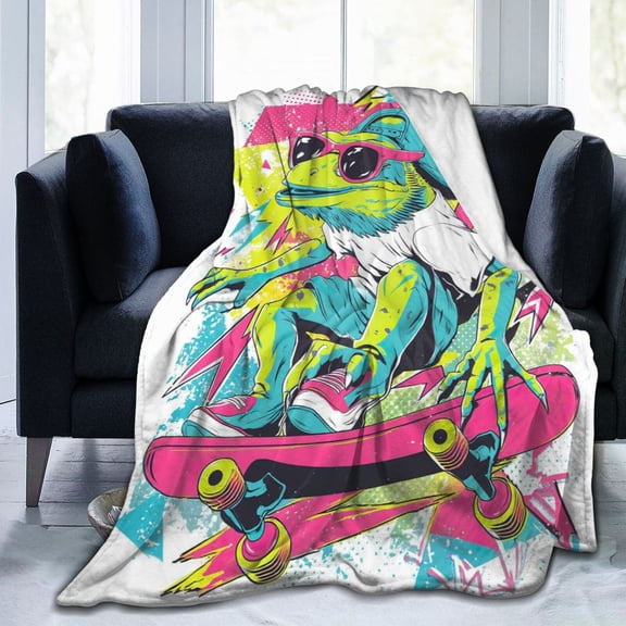 Funny Skater Bearded Dragon Blanket – Retro 90s Graffiti Fleece Throw,Cool Lizard Art Decor 80x60