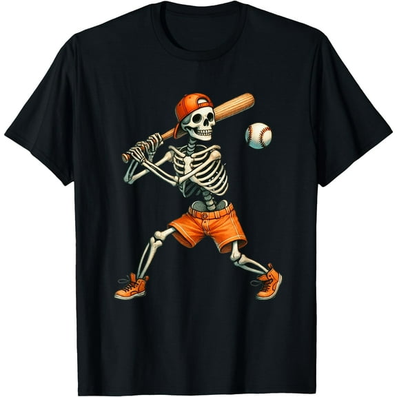 Funny Skeleton Batting Baseball Halloween Boys Men Kids T-Shirt,Black