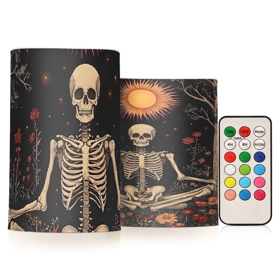Funny Skeleton Boho Sun Flickering Flameless Candles Battery Operated with Remote Timer LED Pillar Candles Set of 2