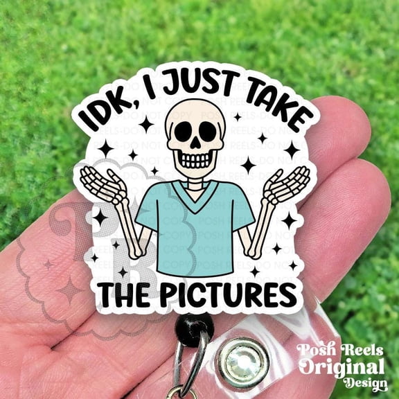 Funny Skeleton Camera Badge Reel, Retractable Acrylic ID Holder, Coworker Gift