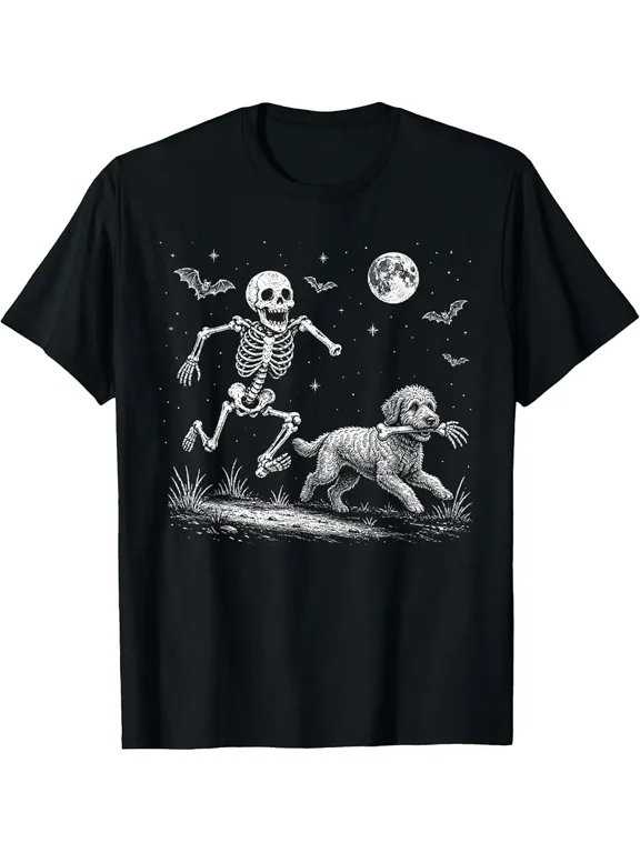 Funny Skeleton Chasing Goldendoodle Halloween Dog Mom Pet T-Shirt