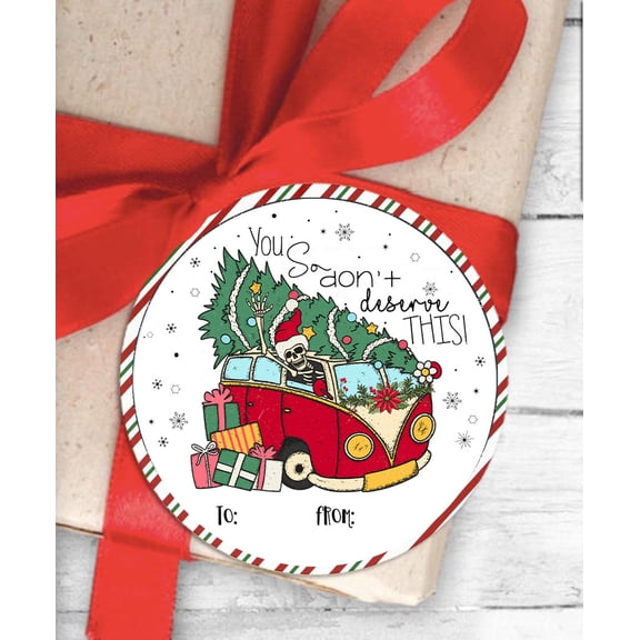 Funny Skeleton Christmas Holiday Themed Gift Tag Sticker Labels for Presents Pull Stick Labels (24 Included) Multipack Bulk Self Adhesive