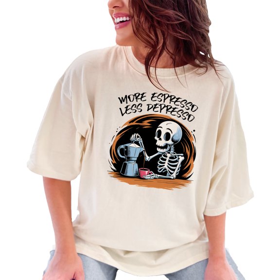Funny Skeleton Coffee Lover T-Shirt, More Espresso Less Depresso, Quirky Coffee Humor Tee, Unique Skeleton Graphic Shirt, Ivory Comfort Colors T-Shirt, XL