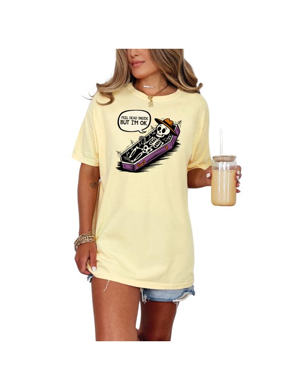 Funny Skeleton Coffin Graphic Tee, Feel Dead But I'm OK T-shirt, Halloween Humor Shirt, Quirky Gift Idea, Spooky Fun Tee, Butter Comfort Colors T-Shirt, Large