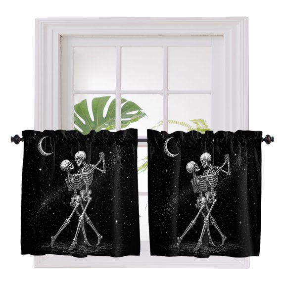 Funny Skeleton Couple 2 Panel Kitchen Curtains for Small Windows, Halloween Skulls Dancing Stars Boho Bathroom Tier Curtain, Short Window Treatment for Bedroom/Living Room 55"x24"
