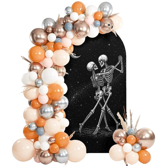 Funny Skeleton Couple Arch Backdrop Cover 6.6Ft, Wedding Arch Covers Stretchy Backdrop, Halloween Skulls Dancing Stars Boho Fitted 2 Sided Arched Photo Background for Birthday Party Decorations
