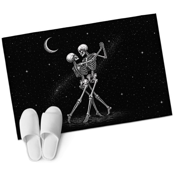 Funny Skeleton Couple Bathroom Rug Washable 2x3 Entryway Rug Non Slip Halloween Skulls Dancing Stars Boho Front Door Mat Low Pile Indoor Doormat Throw Floor Carpet for Kitchen Bedroom Entrance