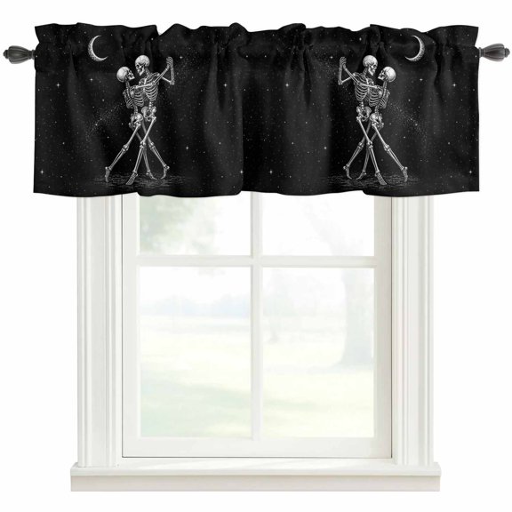 Funny Skeleton Couple Kitchen Valances for Windows, Halloween Skulls Dancing Stars Boho Bathroom Window Valances 42x12 Inch Rod Pocket Window Treatments Valance Curtains for Living Room Bedroom Decor