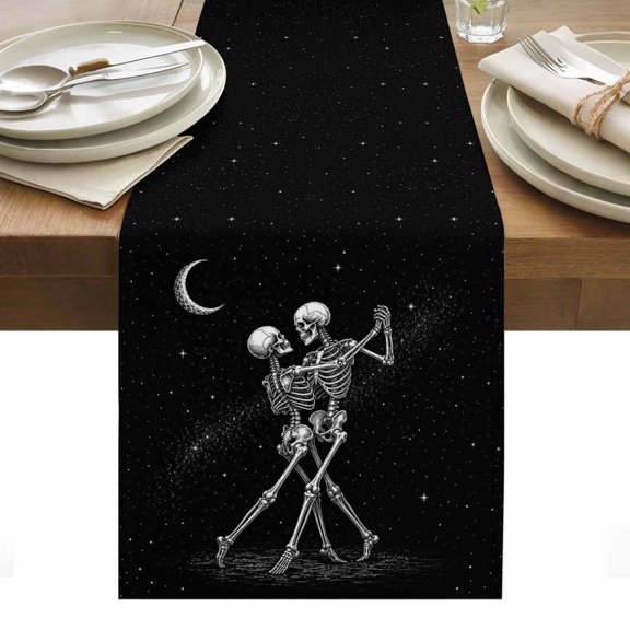 Funny Skeleton Couple Table Runner Halloween Skulls Dancing Stars Boho Tablerunners 13 x 36 Inch, Table Decorations Tabletop Scarf for Summer Gathering Holiday Farmhouse Kitchen Dining Decor