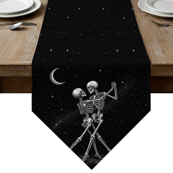 Funny Skeleton Couple Table Runner Linen Burlap Table Runner 36 Inches Small Halloween Skulls Dancing Stars Boho Dresser Scarves for Kitchen Island Coffee Dining Room Party Holiday Decoration 13"x36"