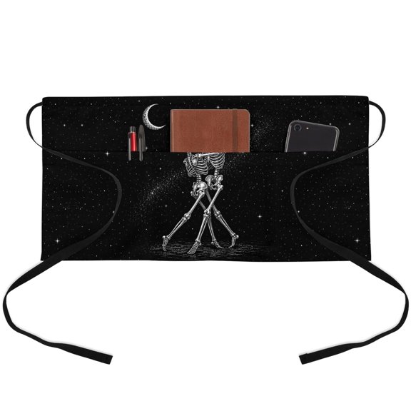 Funny Skeleton Couple Waitress Apron with 3 Pockets, Halloween Skulls Dancing Stars Boho Server Aprons Waterproof Kitchen Restaurant Half Waist Apron for Men Women