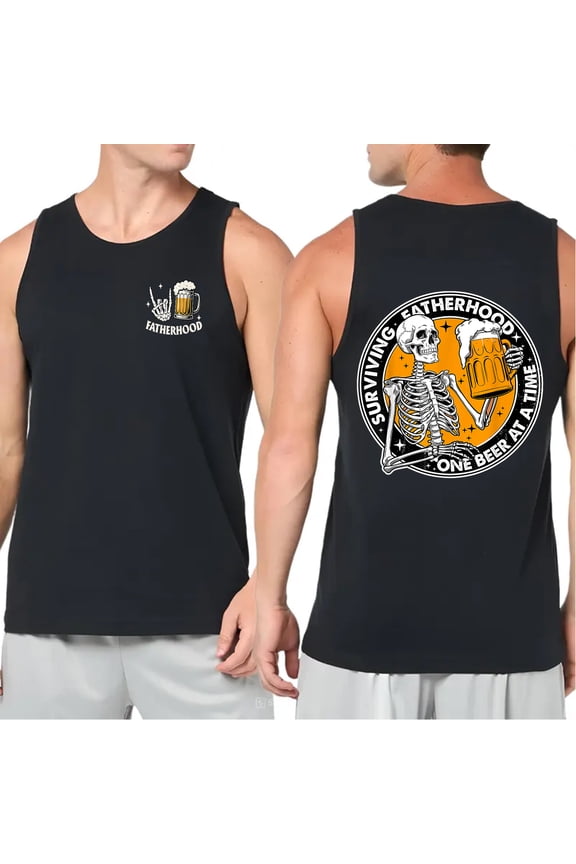 Funny Skeleton Dad Tank Top – Surviving Fatherhood One Beer at a Time, Cool Summer Graphic Shirt for Men, Father’s Day Gift, Humorous Sleeveless Tee for Dads