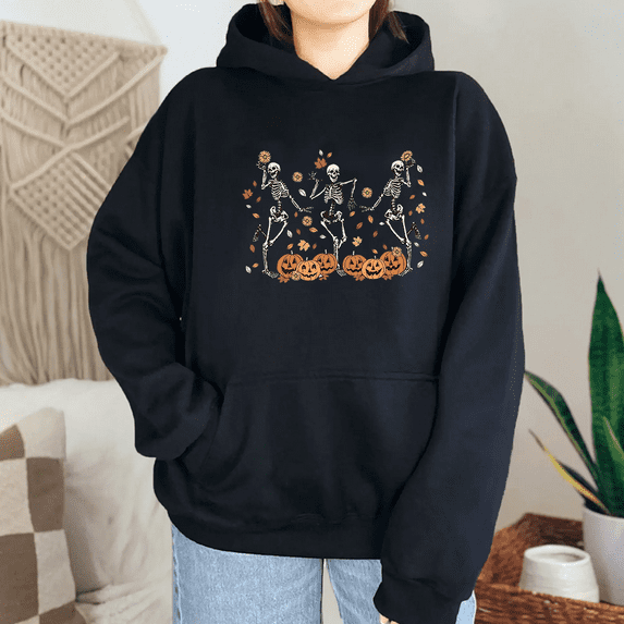 Funny Skeleton Dance Pumpkin Print Long Sleeve Tops Vintage Halloween Graphic Tees Casual Hoodies Cute Fall Sweatshirts for Daily Outfits Black,L
