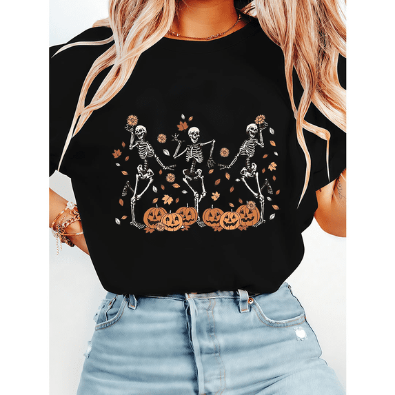 Funny Skeleton Dance Pumpkin Tshirts Vintage Halloween Graphic Tees Short Sleeve Casual Cute Fall Tops for Daily Outfits Cotton Shirts Black,3XL
