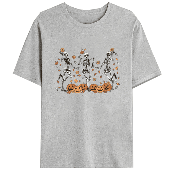 Funny Skeleton Dance Pumpkin Tshirts Vintage Halloween Graphic Tees Short Sleeve Casual Cute Fall Tops for Daily Outfits Cotton Shirts Gray,2XL