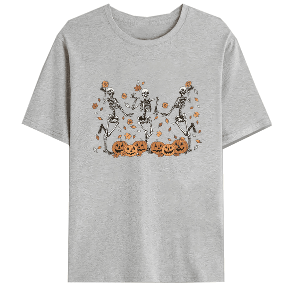 Funny Skeleton Dance Pumpkin Tshirts Vintage Halloween Graphic Tees Short Sleeve Casual Cute Fall Tops for Daily Outfits Cotton Shirts Gray,3XL