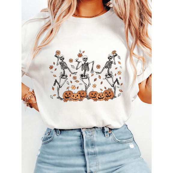 Funny Skeleton Dance Pumpkin Tshirts Vintage Halloween Graphic Tees Short Sleeve Casual Cute Fall Tops for Daily Outfits Cotton Shirts White,S