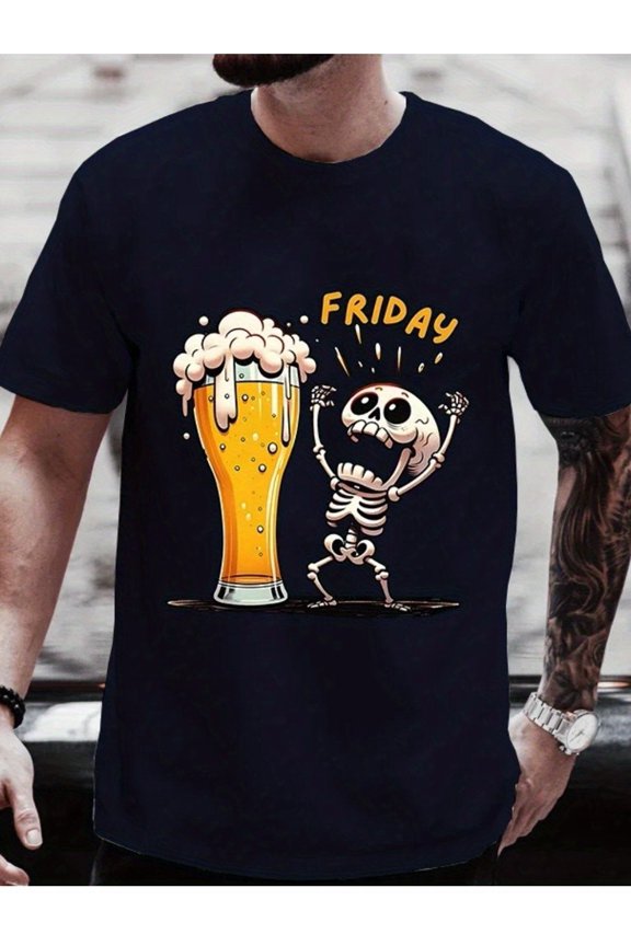 Funny Skeleton "Finally Friday" Beer Mug Graphic Tee, Beer Lovers