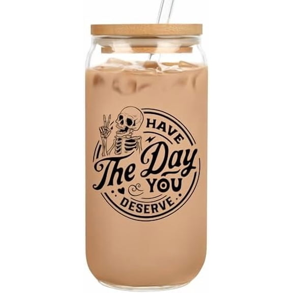 Funny Skeleton Glass Cups with Lids & Straws Novelty Cute Skull Coffee Mug Tumbler, Gothic Home/Kitchen Decor, Emo Stuff, Witchy Spooky Birthday Gifts for Women | Home Decor, Kitchen, & Other