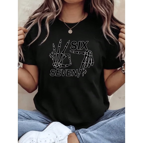 Funny Skeleton Hands Six Seven Meme Unisex Cotton Short Sleeve Graphic T-Shirt