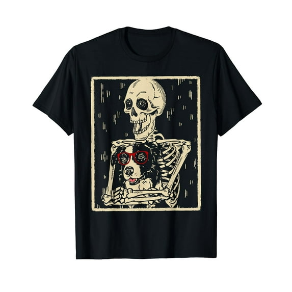 Funny Skeleton Hugs Border Collie Dog Halloween Costume Black T-Shirt