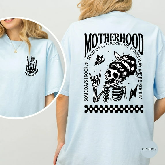 Funny Skeleton Mom Shirt - "Motherhood Rocks Me" Graphic Tee, Oversized Vintage Halloween T-Shirt for Cool Moms
